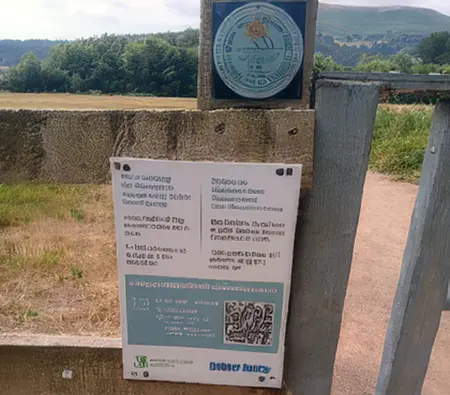 Enghraifft o fwrdd gwybodaeth Hawliau Tramwy Cyhoeddus wrth fynedfa Castle Hill i Ddolydd y Castell